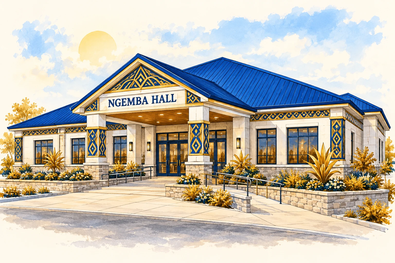 Hand-drawn concept of a community hall with a blue roof, white walls, and gold trim, labeled Ngemba Hall